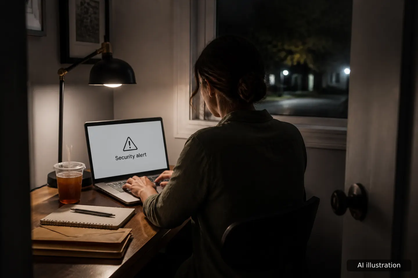Person reviewing a security alert email on a laptop while holding a phone