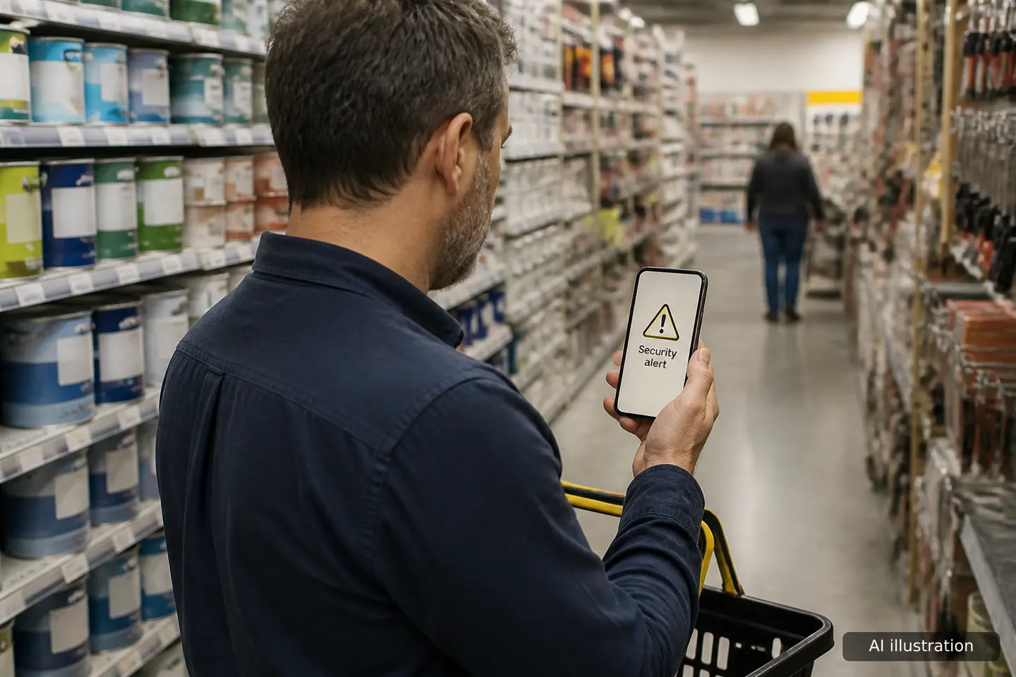Man in a hardware store aisle reading an urgent alert on his phone, shot from the side.