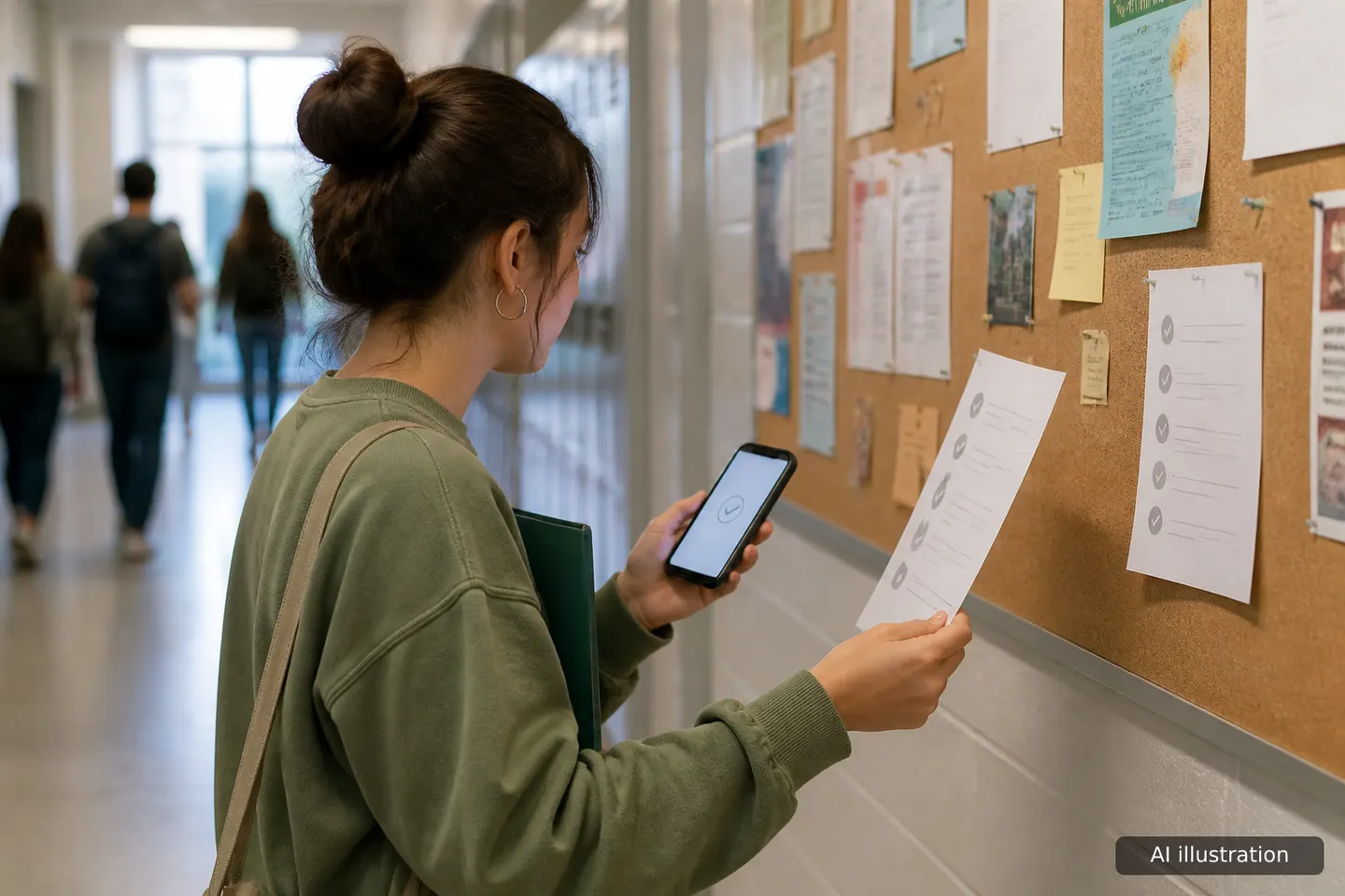 Young woman in a college corridor compares printed steps on a noticeboard with her phone in hand.