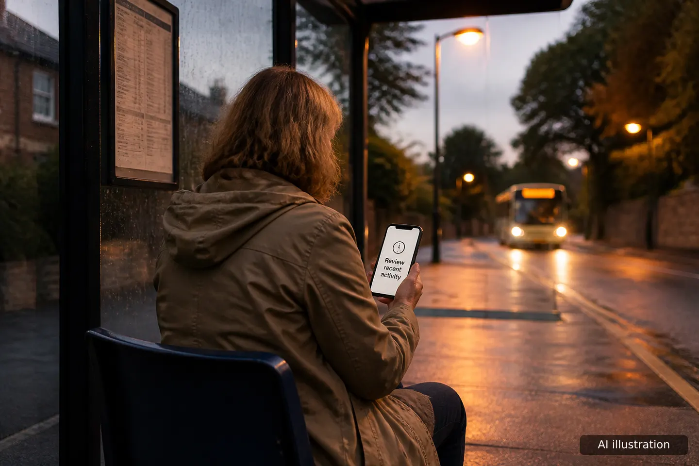 A woman in a camel raincoat reads a message on her phone in a bus shelter at dusk.