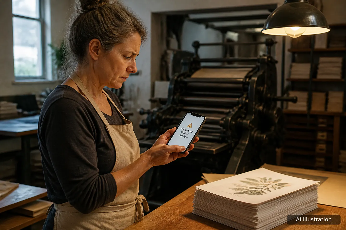 Business owner reviewing a restriction notice on a smartphone