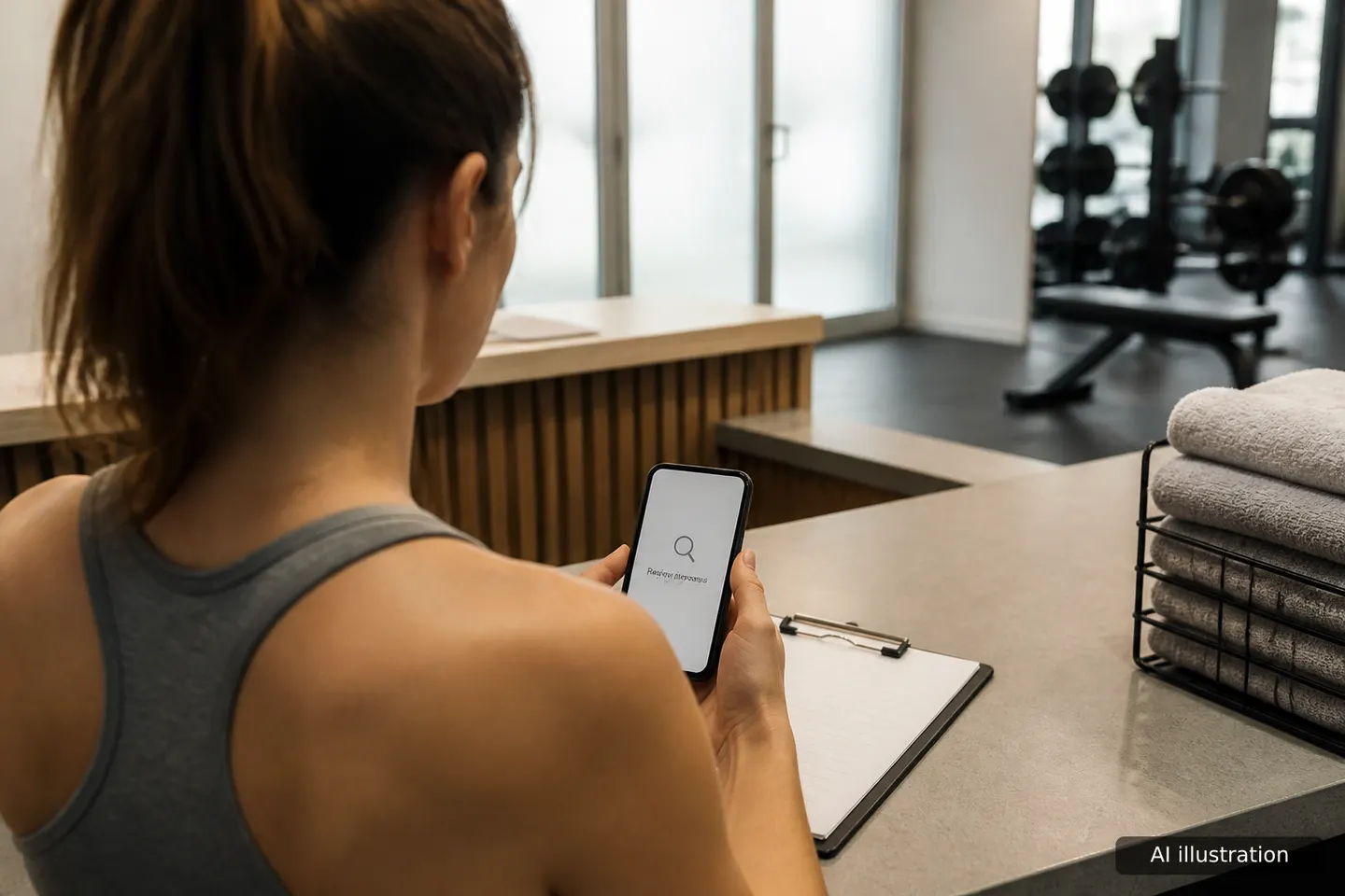 A woman at a gym reception desk reads a notice on her phone over her shoulder, with towels and a clipboard beside her in morn
