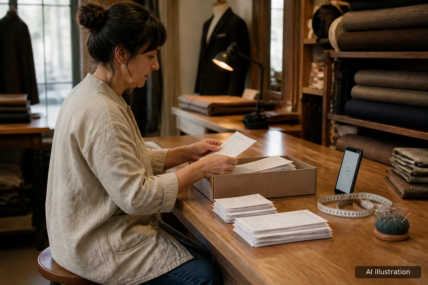 Woman in a linen smock sorting printed emails from a shoebox at a tailor's counter, phone propped nearby.