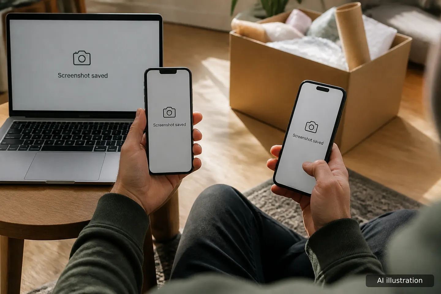 Young man on living room floor capturing screenshots of a suspicious message on his phone