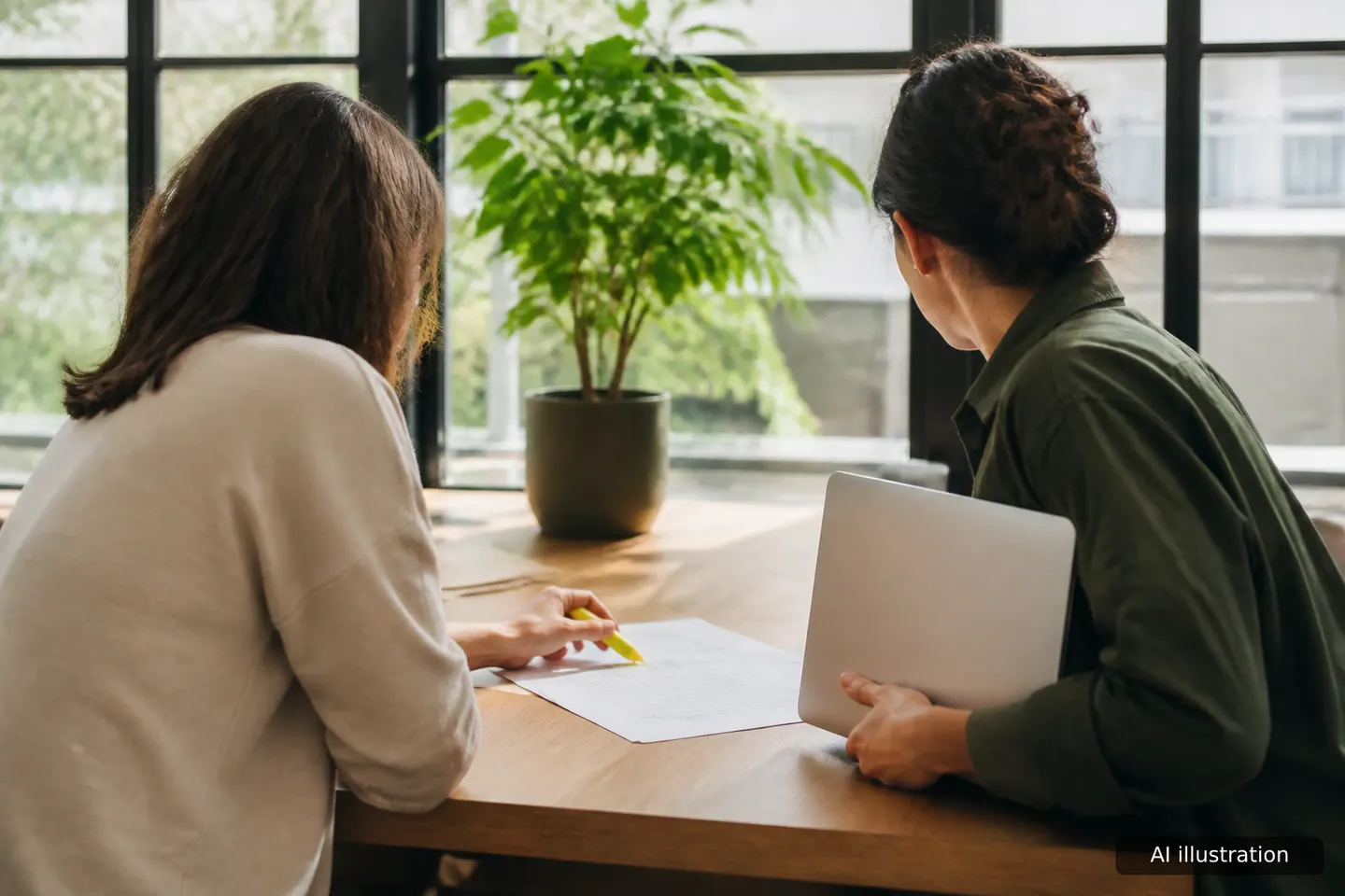 Two colleagues at a co-working desk reviewing a printed email thread together