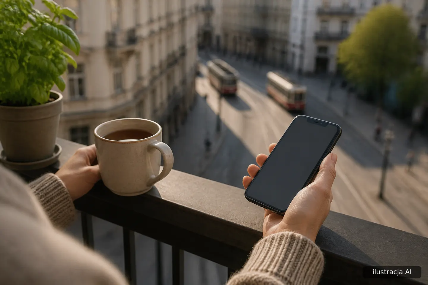 Kobieta trzyma telefon na balkonie i sprawdza podejrzaną wiadomość, widać same dłonie.