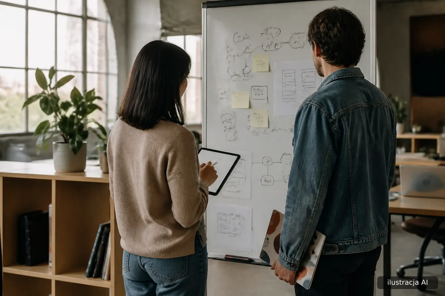 Dwie osoby w biurze coworkingowym omawiają dokumenty przy tablicy z notatkami.