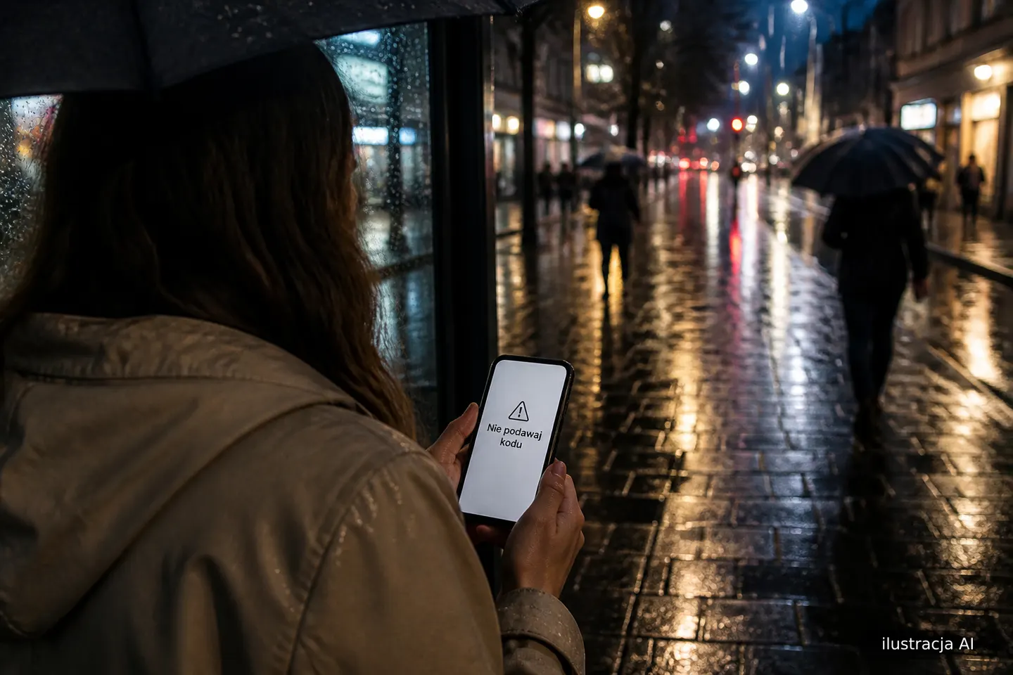 Kobieta pod parasolem na przystanku czyta wiadomość na telefonie w deszczowy wieczór.