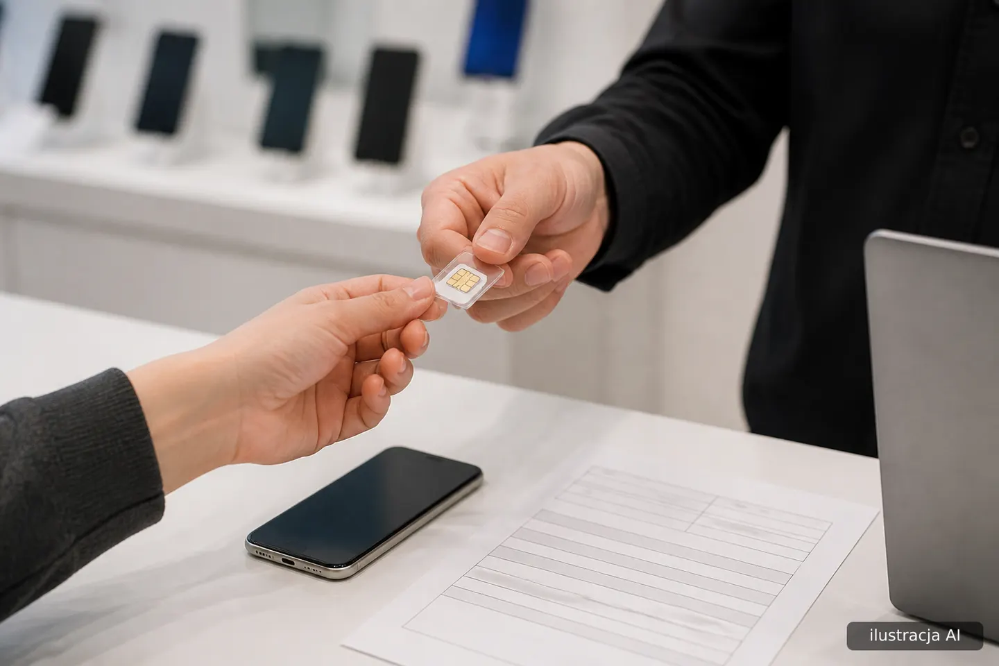 Dłonie na ladzie salonu operatora: pracownik podaje kartę SIM klientowi, widać formularz i telefon.